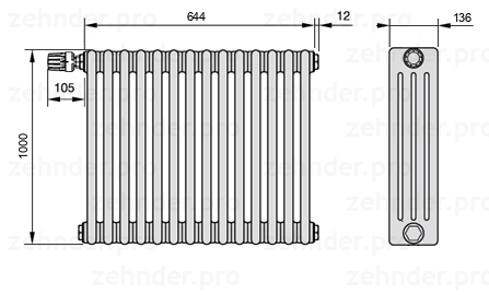 Схема (чертеж) Радиатор Zehnder Charleston 4100/14 №V011 Белый глянцевый RAL 9016